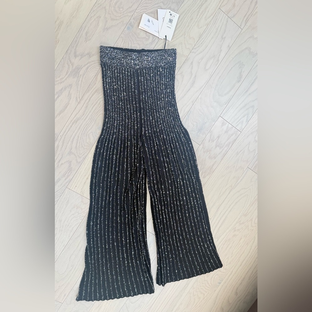 ba&sh Black and High Waist Silver Wide Leg Jumpsuit